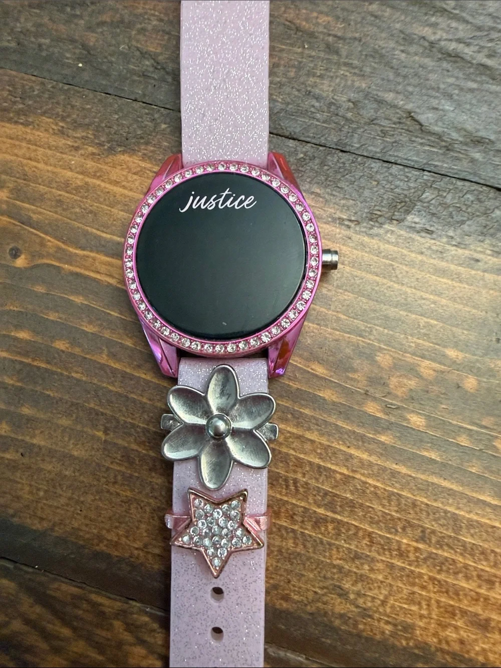 Justice Unisex Pink Band and Charms LED Watch Pink Glitter GUC Working digital